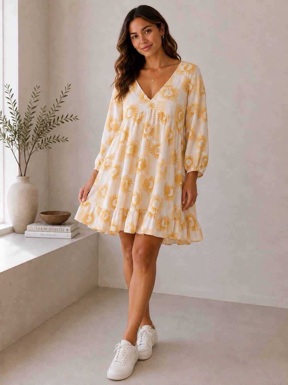 Label of Love Sun Moon Checker Tunic Dress L Yellow White Boho Celestial